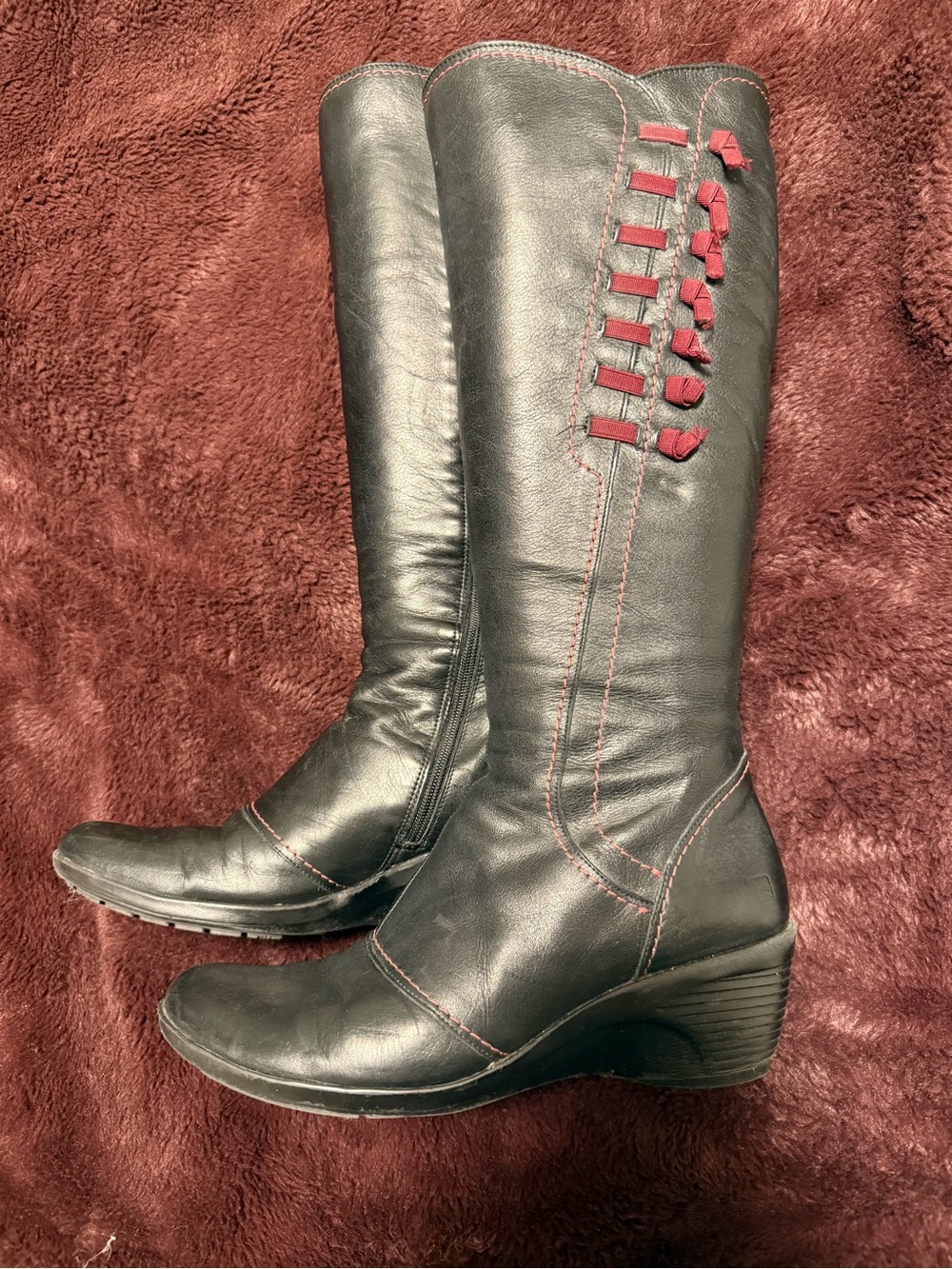 Women's Black Leather Knee-High Boots with Red Accent Stitching